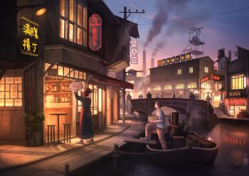 Rule 34 | 1boy, 1girl, ankle socks, apron, awning, bar (place), bar stool, black dress, black socks, boat, box, bridge, brown pants, building, canal, commentary request, dress, dusk, hair ornament, hair scrunchie, highres, holding, holding box, long dress, medium hair, mooring post, open sign, original, outdoors, pants, people, plant, pochi (poti1990), ponytail, potted plant, power lines, red apron, red scrunchie, reflection, reflective liquid, scenery, scrunchie, shirt, shoes, short hair, short sleeves, sidewalk, sign, signature, sky, smoke, smokestack, socks, stairs, stool, storefront, t-shirt, table, town, utility pole, very short hair, watercraft, white shirt, white shoes