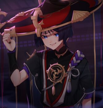 1boy arm_at_side armor black_bodysuit black_hair black_hat black_mask black_nails black_sleeves blue_eyes blunt_ends bodysuit covered_collarbone eyelashes eyeliner eyeshadow fog genshin_impact gold gold_trim hand_up hat hat_tip indoors japanese_armor jewelry jingasa kote kurokote layered_sleeves looking_at_viewer makeup male_focus mandarin_collar mask_on_hat mitsudomoe_(shape) neck_ring open_mouth pink_lips purple_rope purple_sleeves red_eyeliner red_eyeshadow red_hat rope scaramouche_(genshin_impact) scene_reference shimenawa short_sleeves single_sode smile solo tassel tilted_headwear tomoe_(symbol) two-tone_hat upper_body white_mouth white_rope yoontrsh