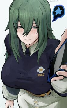 1girl alternate_breast_size_(larger) belt black_shirt blush breasts cellphone closed_mouth commentary english_commentary floral_print green_eyes green_hair grey_background hair_between_eyes highres holding holding_phone large_breasts long_hair looking_at_viewer mendo0821 mole mole_under_eye pants phone shirt smile solo spoken_symbol star_(symbol) twitter_username venus_(zenless_zone_zero) white_pants zenless_zone_zero