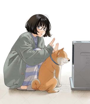 1girl :o black_hair blue_eyes collar dog glass heater looking_at_viewer mattaku_mousuke original pajamas short_hair simple_background slippers solo squatting sweater white_background