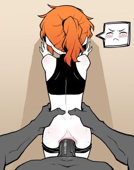 1boy 1girl against_wall akableak ass ass_freckles bare_shoulders bike_shorts bike_shorts_pull body_freckles charlotte_(akableak) colored_skin cowboy_shot freckles frown grey_skin hetero highres orange_hair original ponytail pov sex sex_from_behind size_difference sleeveless spoken_expression torso_grab uncensored vaginal