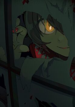 Rule 34 | 1boy, black hair, fang, hair between eyes, hashtag-only commentary, highres, looking at viewer, male focus, mashiro meme, mashiro meme (1st costume), nail polish, nijisanji, nyo-n, parted lips, red scarf, scarf, shouji, sliding doors, smile, solo, torn, upper body, virtual youtuber, yellow eyes