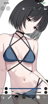 1girl animal_ear_fluff animal_ears art_program_in_frame bad_id bad_twitter_id bikini black_choker black_eyes black_hair blue_archive blue_bikini blush breasts bright_pupils cat_ears choker closed_mouth collarbone criss-cross_straps groin highres ibispaint ibispaint_(medium) kikyou_(blue_archive) kikyou_(swimsuit)_(blue_archive) layered_bikini looking_at_viewer medium_breasts multi-strapped_bikini_bottom navel official_alternate_costume parted_bangs screencap short_hair simple_background solo suiran_(suiran0111) swimsuit tail white_background white_pupils