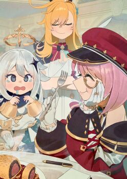 3girls @_@ bare_shoulders belt blonde_hair blue_eyes blush blush_stickers breasts brooch charlotte_(genshin_impact) closed_eyes commentary_request cross-laced_clothes cross-laced_sleeves crossed_arms drooling eating escoffier_(genshin_impact) food fork gem genshin_impact gloves hair_between_eyes hair_ornament halo hat highres holding holding_fork jewelry kuriki_art long_hair long_sleeves monocle multiple_girls newsboy_cap notepad open_mouth paimon_(genshin_impact) pen pink_hair plate red_hat romper saliva shirt short_hair smile table white_belt white_gloves white_hair white_romper