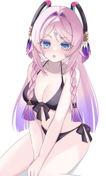 1girl :o alternate_costume bare_shoulders bikini black_bikini blue_eyes blush braid breasts citlali_(genshin_impact) cleavage collarbone commentary_request facial_mark floating_headgear forehead_mark genshin_impact gradient_hair halterneck headgear highres kino_(curry_pan) large_breasts long_hair looking_at_viewer multicolored_hair partial_commentary pink_hair pink_pupils purple_hair revision side-tie_bikini_bottom simple_background sitting solo stomach string_bikini swimsuit triangle triangle_facial_mark twin_braids very_long_hair white_background