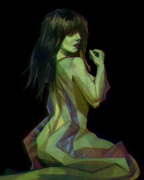 1girl absurdres aegyo_sal black_background black_eyes black_hair colored_skin commentary from_side green_skin hand_up highres long_hair looking_at_viewer looking_back mermaid messy_hair monster_girl nude original painterly red_lips seiza simple_background sitting solo symbol-only_commentary twulfs