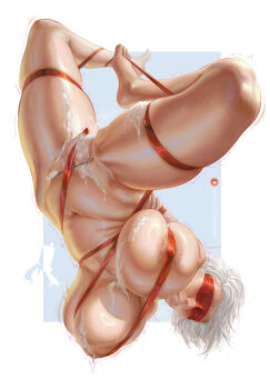 2b_(nier:automata) abara_art absurdres areola_slip bdsm blindfold bondage bound breasts censored commentary covered_erect_nipples cream curvy english_commentary highres huge_breasts mature_female mosaic_censoring naked_ribbon nier:automata nier_(series) pussy ribbon thighs