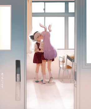 2girls alternate_costume animal_ears black_hairband blush chair classroom commentary_request contemporary desk full_body grey_hair hairband highres holding_hands indoors interlocked_fingers kiss konpaku_youmu koyama_shigeru long_hair multiple_girls purple_hair rabbit_ears rabbit_girl red_skirt red_vest reisen_udongein_inaba school_chair school_desk school_uniform shirt shoes skirt socks straight_hair touhou translation_request uwabaki very_long_hair vest white_shirt white_socks yuri