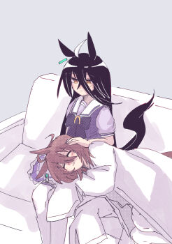 Rule 34 | 2girls, absurdres, agnes tachyon (umamusume), ahoge, animal ears, blonde hair, bow, bowtie, brown hair, closed eyes, coat, couch, ear ornament, ear tag, earrings, gachitamago, hair between eyes, hand on another's head, highres, horse ears, horse girl, horse tail, jewelry, lab coat, lap pillow, long hair, long hair between eyes, manhattan cafe (umamusume), multicolored hair, multiple girls, on couch, parted lips, puffy short sleeves, puffy sleeves, purple bow, purple bowtie, purple shirt, sailor collar, school uniform, shirt, short hair, short sleeves, single earring, sitting, sleeves past fingers, sleeves past wrists, smile, tail, tracen school uniform, umamusume, very long hair, white coat, white hair, white sailor collar, wide sleeves, yellow eyes