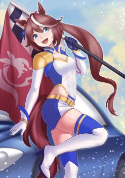 1girl absurdres alternate_costume animal_ears asymmetrical_gloves belt black_gloves blue_eyes blue_skirt blue_sky blush bow breasts brown_hair checkered_flag confetti cropped_jacket day ear_ornament flag flagpole gloves hair_between_eyes highleg highleg_leotard highres holding holding_pole horse_ears horse_girl horse_tail leaning_against_vehicle leotard long_hair long_sleeves looking_at_viewer microskirt mismatched_gloves multicolored_hair negaska open_mouth outdoors pink_bow pole skirt sky small_breasts smile solo streaked_hair tail teeth thighs tokai_teio_(umamusume) umamusume upper_teeth_only white_gloves white_hair yellow_belt