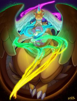 cinderkiss claws colored_skin dragonite feathered_wings gen_1_pokemon glowing glowing_horns head_wings highres horns magic mega_dragonite mega_evolution nintendo orange_skin orb pokemon pokemon_(creature) signature single_horn solo tail white_wings wings
