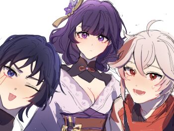 1girl 2boys ahoge blue_eyes blue_hair blunt_bangs breasts bridal_gauntlets chinese_commentary cleavage closed_mouth clothing_cutout expressionless friends genshin_impact gradient_hair hair_between_eyes hair_ornament happy head_tilt highres index_finger_raised japanese_clothes kaedehara_kazuha kimono large_breasts leaning_to_the_side long_hair long_sleeves looking_at_viewer mole mole_under_eye mother_and_son multicolored_hair multiple_boys neck_ribbon nihaowojiaoshanghetu off_shoulder one_eye_closed open_mouth purple_eyes purple_hair purple_kimono raiden_shogun red_eyes red_hair red_ribbon red_sash red_scarf ribbon sash scaramouche_(genshin_impact) scarf shade short_hair shoulder_cutout simple_background smile standing sweatdrop tongue tongue_out upper_body wanderer_(genshin_impact) white_background wide_sleeves
