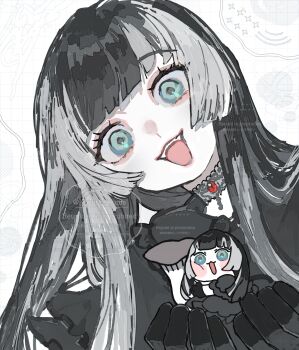 2girls :3 :d black_dress black_hair blue_eyes blunt_bangs blush_stickers choker commentary_request dress fangs gothic_lolita green_eyes grey_hair grid_background hands_up head_tilt highres holding holding_chibi holding_mushroom hololive hololive_dev_is juufuutei_raden juufuutei_raden_(1st_costume) lace lace-trimmed_choker lace_choker lace_trim lolita_fashion long_hair looking_at_viewer maitake_(mushroom) maitake_dance multicolored_hair multiple_girls mushroom open_mouth pale_skin portrait raised_eyebrows sawaragi_kuma sidelocks smile teeth two-tone_hair upper_teeth_only virtual_youtuber watermark white_background