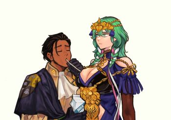 1boy 1girl :| black_hair braid breasts claude_von_riegan claude_von_riegan_(timeskip) cleavage closed_eyes closed_mouth commentary cosplay dark-skinned_male dark_skin drink_carton drinking english_commentary expressionless female_byleth_(awakened)_(fire_emblem) female_byleth_(fire_emblem) female_byleth_(sothis_regalia)_(fire_emblem) fire_emblem fire_emblem:_three_houses green_eyes green_hair hair_ribbon hair_slicked_back hetero highres holding_straw jitome large_breasts long_hair milk_carton nintendo ribbon ribbon_braid sethkiel sexually_suggestive sideburns simple_background sothis_(fire_emblem) sothis_(fire_emblem)_(cosplay) tiara twin_braids white_background