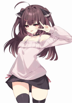 Rule 34 | 1girl, absurdres, ahoge, black collar, black skirt, black thighhighs, brown hair, collar, collarbone, diieru, grey shirt, hair intakes, headgear, highres, long hair, off-shoulder shirt, off shoulder, red eyes, shirt, simple background, skindentation, skirt, solo, thighhighs, touhoku kiritan, two side up, voiceroid, white background