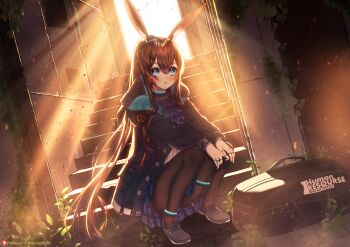 1girl amiya_(arknights) animal_ears arknights ascot black_bag black_jacket black_shoes blue_eyes blue_skirt brown_hair brown_thighhighs by_mirin english_text hair_between_eyes highres infection_monitor_(arknights) jacket long_hair looking_at_viewer open_clothes open_jacket parted_lips ponytail purple_ascot rabbit_ears rabbit_girl shirt shoes skirt solo squatting stairs thighhighs thighs white_shirt