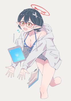 1girl artist_name ayane_(blue_archive) blue_archive halo highres iohc_choi paper pen pointy_ears simple_background solo swimsuit tablet_pc white_background