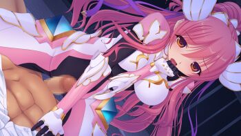 1boy 1girl abs arm_between_breasts armor between_breasts blush bodysuit breasts brown_eyes censored dutch_angle en_ciel_rena en_ciel_rena_(aegis) game_cg girl_on_top gloves grinding hair_ribbon hetero imminent_penetration kourin_tenshi_en_ciel_rena large_breasts large_variant_set long_hair magical_girl mosaic_censoring non-web_source official_art open_mouth orange_eyes penis pink_hair ponytail ribbon saitou_natsuki solo_focus straddling suhamaya tomoe_rena variant_set