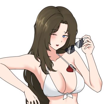 Rule 34 | 1girl, bikini, blue eyes, blush, breasts, brown hair, commentary request, glass, heart, heart tattoo, highres, korean commentary, large breasts, limbus company, long hair, one eye closed, open mouth, project moon, rodion (project moon), simple background, smile, sunglasses, swimsuit, tattoo, unworn eyewear, upper body, warw2ck, white background, white bikini