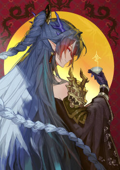 Rule 34 | 1girl, arknights, bare shoulders, black gloves, blue eyes, blue hair, chinese clothes, chinese commentary, commentary request, daxiushan, dragon girl, dragon horns, eastern dragon horns, eyeshadow, gloves, hanfu, highres, horns, ling (arknights), long hair, makeup, pointy ears, profile, solo, xiayehongming