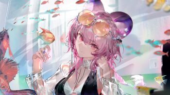 1girl absurdres animal_ears arknights bikini braid breasts chiaspicy closed_mouth eyewear_on_head fish hands_up highres jacket jewelry lin_(arknights) lin_(summer_flowers)_(arknights) long_hair looking_at_viewer mouse_ears official_alternate_costume orange-tinted_eyewear pink_eyes pink_hair ring see-through_clothes see-through_jacket smile solo swimsuit tinted_eyewear upper_body