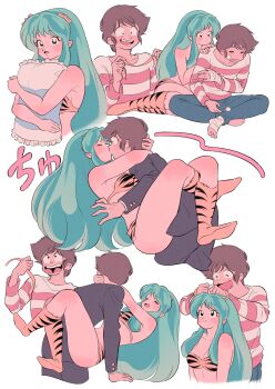 1boy 1girl ^_^ absurdres animal_print aqua_hair arms_around_neck bandage_on_face bandaged_foot bandaged_hand bandages barefoot bikini black_eyes blue_pants blush boots breasts brown_hair chankiiko cleavage closed_eyes collarbone crossed_legs ear_blush gakuran hand_in_another&#039;s_hair hetero highres holding holding_pillow holding_ribbon horn_ornament horn_ribbon horns kiss knee_blush knee_boots leg_lock long_hair long_sleeves lum medium_breasts moroboshi_ataru multiple_tongues navel oni open_mouth pants pillow pointy_ears print_bikini print_boots ribbon school_uniform shirt short_hair shoulder_blush sidelocks smile sound_effects striped_clothes striped_shirt swimsuit teeth tiger_print upper_teeth_only urusei_yatsura white_background yellow_ribbon