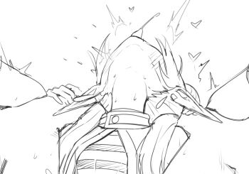 1girl blush elf frieren greyscale heart highres legs meme monochrome pointy_ears sex shirt solo_focus sousou_no_frieren striped_clothes striped_shirt tongue tongue_out upward_angle_frieren_drawing_(meme)