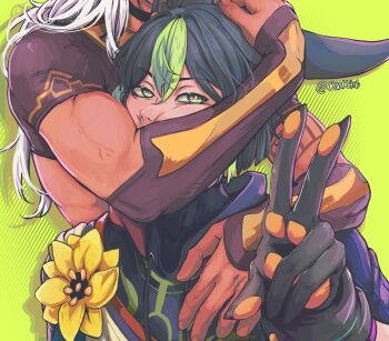 Rule 34 | 2boys, absurdres, animal ears, biceps, black gloves, black hair, blush, cheek press, commentary, cyno (genshin impact), dark-skinned male, dark skin, drawstring, english commentary, fingernails, flexing, flexing around head (meme), flower, fox boy, fox ears, genshin impact, gloves, green background, green eyes, green hair, highres, holding, hood, hood down, long hair, looking at viewer, male focus, meme, multicolored hair, multiple boys, naya (onaxart), nose, short hair, simple background, streaked hair, tighnari (genshin impact), twitter username, v, white hair, yaoi, yellow flower