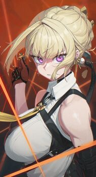 1girl arm_strap bare_shoulders black_pants blonde_hair breasts brown_background brown_gloves bug chest_harness commentary earrings elbow_gloves evelyn_chevalier gloves gradient_background hair_ornament half_gloves harness high-waist_pants highres insect jewelry large_breasts latex_pants long_ribbon looking_at_viewer moth necktie pants purple_eyes red_background ring_hair_ornament roro_(tpghksdlzpq) shirt short_hair sidelocks single_elbow_glove single_half_glove sleeveless sleeveless_shirt snapping_fingers solo string sweat teeth tight_clothes upper_body white_shirt yellow_necktie zenless_zone_zero