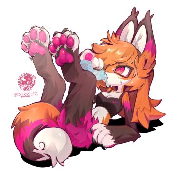 1girl absurdres animal_ears animal_feet animal_hands black_sports_bra borrowed_character bottle breasts claws commission digitigrade drinking exercising fox_ears fox_girl fox_tail furry furry_female hair_over_one_eye highres holding holding_bottle legs_up long_hair multicolored_fur nike_(company) orange_fur orange_hair original pawpads pink_eyes pink_fur simple_background skullsideart small_breasts solo sports_bra tail water_bottle white_background