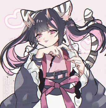 1boy :p animal_ear_fluff animal_ears black_hair blunt_bangs cho_kaguya-hime! closed_mouth commentary_request cowboy_shot crossdressing crossdressing_(mtf) frilled_kimono frills hands_up heart heart_hands horns japanese_clothes kimono komazawa_noi long_hair long_sleeves looking_at_viewer male_focus multicolored_hair pink_background pink_eyes pink_kimono smile solo streaked_hair tail tiger_ears tiger_tail tongue tongue_out trap twintails yuileo0