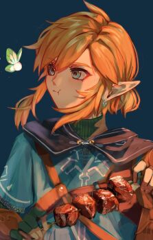 1boy ao_ringo_(yakirinngo_ha) bishounen blonde_hair blue_background blue_eyes blue_tunic blush bug butterfly commentary earrings eating eyelashes fingerless_gloves food gloves glowing_butterfly green_butterfly hair_between_eyes holding holding_food holding_skewer insect jewelry link looking_at_animal male_focus meat nintendo pointy_ears pout short_hair sidelighting simple_background skewer solo strap the_legend_of_zelda the_legend_of_zelda:_tears_of_the_kingdom tunic upper_body