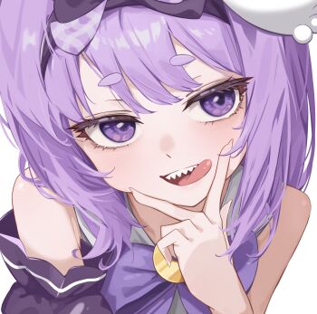 1girl absurdres alice_(trickcal) bare_shoulders blush commentary fingernails hand_up highres long_fingernails long_hair looking_at_viewer mawe127 open_mouth portrait purple_eyes sharp_teeth simple_background teeth tongue tongue_out trickcal upper_teeth_only white_background