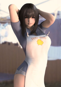 1girl 3d apron arms_up bad_id bad_pixiv_id blurry brown_eyes brown_hair depth_of_field female_focus highres hinemaru lips long_hair looking_at_viewer maison_ikkoku otonashi_kyouko parted_lips shorts solo standing