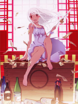 1girl :d absurdres bare_shoulders barefoot blush bottle box donation_box dress feet female_focus highres koimonogatari legs living_hair long_legs looking_at_viewer money monogatari_(series) off_shoulder on_box open_mouth red_eyes sake_bottle sengoku_nadeko sitting sitting_on_box smile snake_hair solo toes watanabe_akio white_hair