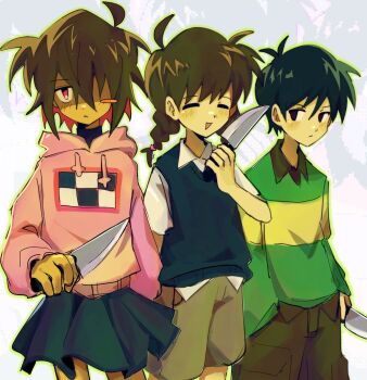 1boy 1girl 1other antenna_hair black_eyes black_hair black_skirt black_sweater_vest blush_stickers braid brown_hair brown_shorts closed_eyes closed_mouth collared_shirt colored_skin cosplay costume_switch deltarune hair_over_one_eye highres hood hoodie kris_(deltarune) kris_(deltarune)_(cosplay) long_sleeves low_twin_braids madotsuki madotsuki_(cosplay) omori open_mouth pleated_skirt red_eyes red_hoodie shirt short_hair short_sleeves shorts single_blush_sticker skirt sunny_(omori) sunny_(omori)_(cosplay) sweater_vest twin_braids utdr_(toby_fox) viscogone white_shirt yellow_skin yume_nikki