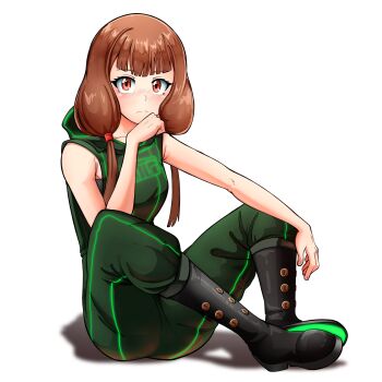 Rule 34 | 1girl, absurdres, armpit crease, bare arms, black boots, boots, breasts, brown eyes, brown hair, closed mouth, commentary, dilan griz, full body, green hoodie, green pants, hand up, highres, hood, hood down, hoodie, iino miko, kaguya-sama wa kokurasetai ~tensai-tachi no renai zunousen~, knees apart feet together, long hair, looking at viewer, low twintails, my nonfiction, pants, shadow, simple background, sitting, sleeveless, sleeveless hoodie, small breasts, solo, twintails, white background