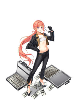 1girl black_gloves black_jacket black_pants black_shoes breasts chest_sarashi closed_mouth closers full_body gloves hand_on_own_hip hand_up high_heels highres holding holding_removed_eyewear jacket long_hair long_sleeves looking_at_viewer low_ponytail luna_aegis_(closers) money navel official_art open_clothes open_jacket pants pink_hair ponytail purple_eyes sarashi shoes simple_background small_breasts smile solo standing stomach suitcase unworn_eyewear very_long_hair white_background