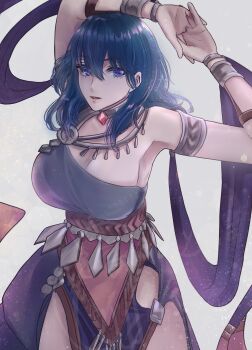 1girl alternate_costume armpits belt blue_eyes blue_hair breasts cleavage dancer dancer_(fire_emblem:_three_houses) dancing female_byleth_(fire_emblem) fire_emblem fire_emblem:_three_houses highres jewelry large_breasts long_hair looking_at_viewer necklace nekoyashiki_08 nintendo solo stretching thighs