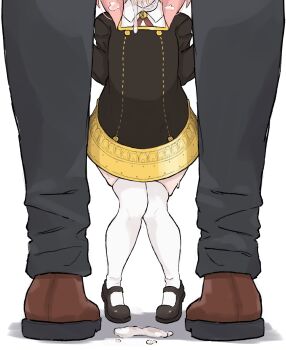 1boy 1girl anya_(spy_x_family) black_dress black_footwear brown_footwear cum cum_in_mouth cumdrip dress fellatio head_out_of_frame hetero highres implied_fellatio knees_together_feet_apart loli long_sleeves oral pink_hair school_uniform simple_background size_difference spy_x_family standing thighhighs tiptoes white_background white_thighhighs zlix0n