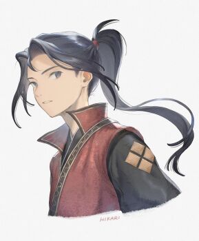 1boy black_hair character_name commentary_request cropped_arm cropped_torso curtained_hair floating_hair fujie_xy grey_eyes high_collar highres hikari_ku long_hair long_sleeves looking_to_the_side male_focus octopath_traveler octopath_traveler_ii parted_lips ponytail popped_collar sideways_glance simple_background solo very_long_hair white_background