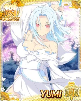 Rule 34 | 1girl, ahoge, alternate form, arm at side, arm behind head, blue hair, border, bow, breasts, card (medium), character name, cleavage, closed mouth, cryokinesis, crystal sword, game cg, hair bow, holding, holding sword, holding weapon, ice, japanese clothes, kimono, large breasts, long hair, looking at viewer, low neckline, night, no bra, official alternate eye color, official alternate hair color, official alternate hairstyle, official art, outdoors, red eyes, ribbon-trimmed kimono, ribbon trim, senran kagura, senran kagura new wave, smile, solo, striped bow, sword, third-party source, torn clothes, torn kimono, tree, weapon, white bow, white kimono, yumi (senran kagura)