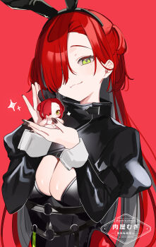 1girl :3 absurdres animal_ears artist_name black_nails breasts character_doll cleavage cleavage_cutout clothing_cutout colored_inner_hair doll fake_animal_ears green_eyes grey_hair hair_over_one_eye highres holding holding_doll juliet_sleeves long_sleeves looking_at_viewer medium_breasts multicolored_hair nikuya_mugi original playboy_bunny puffy_sleeves rabbit_ears red_background red_hair simple_background smile smug solo sparkle twitter_username