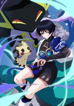 1boy absurdres armor black_bodysuit black_bow black_bridal_gauntlets black_hair black_shorts blue_cape blue_gemstone blue_kimono blunt_ends bodysuit bow bridal_gauntlets bright_pupils cape cat creature creature_on_shoulder creature_request crossover espurr eyeliner eyeshadow gem gen_6_pokemon gen_7_pokemon genshin_impact gold gold_ring grey_background hakama hakama_shorts hand_up highres holding holding_poke_ball japanese_armor japanese_clothes juban kimono kote kurokote leg_warmers looking_at_viewer makeup male_focus mandarin_collar middle_ring mimikyu nintendo on_shoulder open_clothes open_kimono parted_lips pleated_shorts poke_ball pokemon pokemon_(creature) purple_eyes purple_rope red_eyeliner red_eyeshadow renkon_25251020 rope scaramouche_(genshin_impact) shorts snake star_(sky) starry_sky_background tassel tsurime vision_(genshin_impact) wanderer_(genshin_impact) white_kimono white_leg_warmers white_pupils white_trim wind wispy_bangs