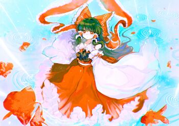 Rule 34 | 1girl, absurdres, ascot, bow, bright pupils, brown hair, closed mouth, detached sleeves, fish, frilled bow, frilled hair tubes, frills, goldfish, hair bow, hair tubes, hakurei reimu, highres, long hair, looking at viewer, red bow, red eyes, red skirt, ribbon-trimmed sleeves, ribbon trim, ripples, seiryo0425, skirt, skirt set, solo, touhou, water, white pupils