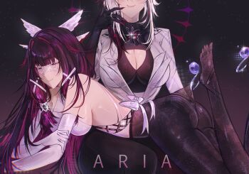 2girls a_r_i_a absurdres alternate_breast_size_(larger) arlecchino_(genshin_impact) artist_name ass black_hair black_pants black_pantyhose breasts cleavage closed_eyes coat columbina_(genshin_impact) commentary crop_top elbow_gloves english_commentary eye_mask eyes_out_of_frame genshin_impact gloves hair_wings head_out_of_frame highres lace_pantyhose_hooked_on_heel_(meme) large_breasts mask medium_breasts meme multicolored_hair multiple_girls on_lap pants pantyhose purple_hair shirt short_hair smile toes two-tone_hair white_coat white_gloves white_hair white_shirt yuri