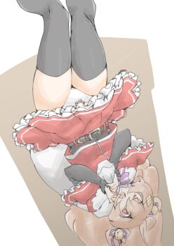 1girl akara_kai black_thighhighs blush breasts chimney christmas cleavage commentary dress fur-trimmed_dress fur_trim gloves hat highres house kantai_collection large_breasts long_hair looking_at_viewer murasame_(kancolle) murasame_kai_ni_(kancolle) open_mouth panties red_dress sack santa_costume santa_dress santa_hat solo thighhighs underwear upside-down white_panties