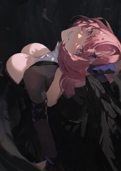1girl absurdres black_dress black_wings breasts cleavage dress hair_ornament head_back highres large_breasts looking_at_viewer medium_hair parted_lips pink_eyes remielle_dan shrug_(clothing) smile solo tep728 wings zenless_zone_zero zzz