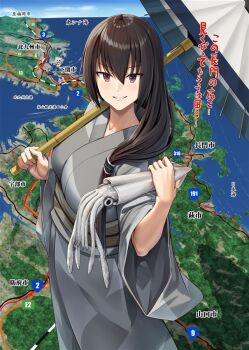 alternate_costume black_hair blue_sky cloud day grey_kimono hair_over_shoulder ichikawa_feesu japanese_clothes kantai_collection kimono long_hair looking_at_viewer map mountain nagato_(kancolle) nagato_(yukata)_(kancolle) outdoors parted_lips red_eyes sky squid yukata