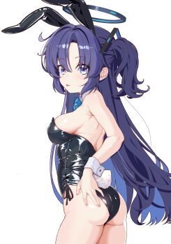 Rule 34 | 1girl, absurdres, animal ear hairband, animal ears, ass, bare legs, black leotard, blue archive, blue bow, blue bowtie, blue eyes, blue hair, bow, bowtie, breasts, commentary request, detached collar, fake animal ears, from behind, hairband, hand on own ass, highres, leotard, playboy bunny, rabbit ears, rabbit tail, side-tie leotard, sideboob, solo, strapless, strapless leotard, tail, tongue, tongue out, two side up, voyage1969, wrist cuffs, yuuka (blue archive)
